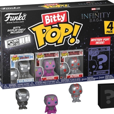 Conjunto Bitty Pop! Funko com figuras Marvel Infinity e embalagem preta