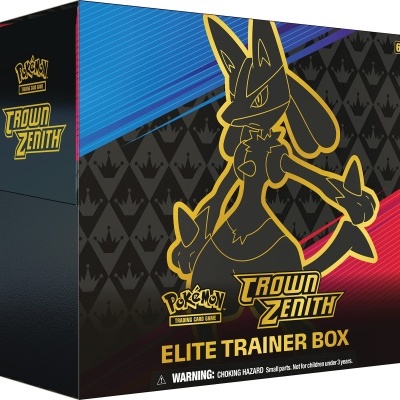 Caixa Pokémon Crown Zenith Elite Trainer Box com figura de Lucario e texto em amarelo