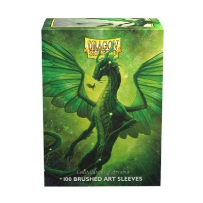 Caixa verde de protetores de cartas Dragon Shield com dragão alado e texto de marca e descrição