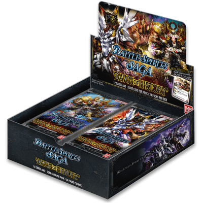 Caixa aberta com pacotes de cartas Battle Spirits Saga Dawn of History