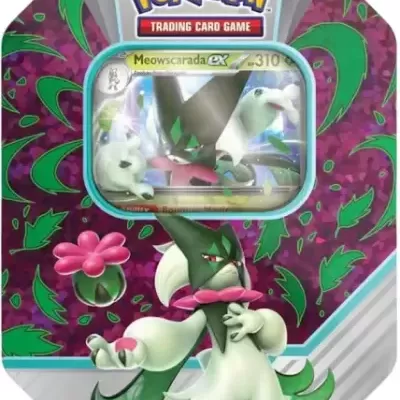 Caixa metálica Pokémon Trading Card Game com carta Meowscarada ex visível