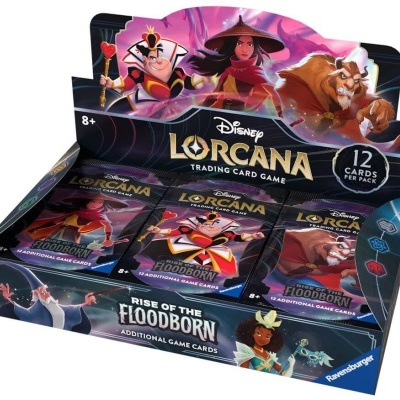 Expositor aberto com pacotes Disney Lorcana Rise of the Floodborn para jogo de cartas colecionáveis