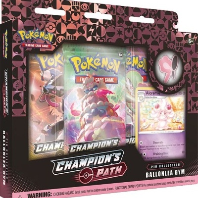 Pack de cartas Pokémon Champion's Path com carta Alcremie e embalagem decorada em preto e rosa.