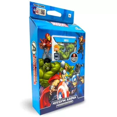 Caixa azul de jogo de cartas Marvel Avengers com personagens e texto Mission Arena