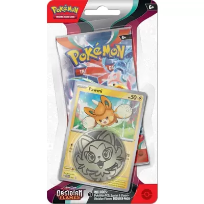 Pack Pokémon TCG com carta Pawmi e medalha cinzenta na embalagem