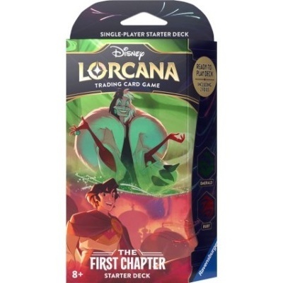 Embalagem de deck inicial do jogo de cartas Disney Lorcana com ilustrações de personagens coloridas