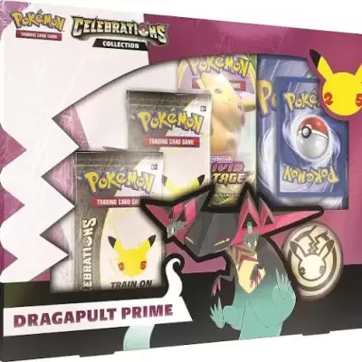 Caixa do Pokémon TCG Celebrations Collection Dragapult Prime com cartas e arte do Dragapult