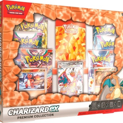 Embalagem do conjunto Pokémon Charizard EX com cartas e packs visíveis.
