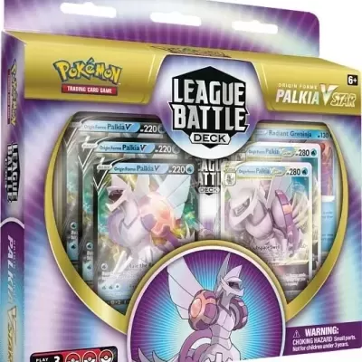 Caixa do jogo de cartas Pokémon League Battle Deck Origin Forme Palkia VSTAR com cartas visíveis Palkia V e Radiant Greninja.