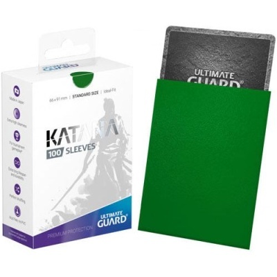 Caixa branca de capas de cartas ULTIMATE GUARD com capa verde para cartas
