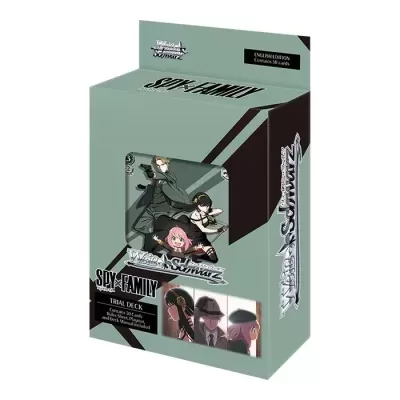 Caixa verde e preta do jogo de cartas Spy x Family Trial Deck Weiss Schwarz com imagens de personagens anime.