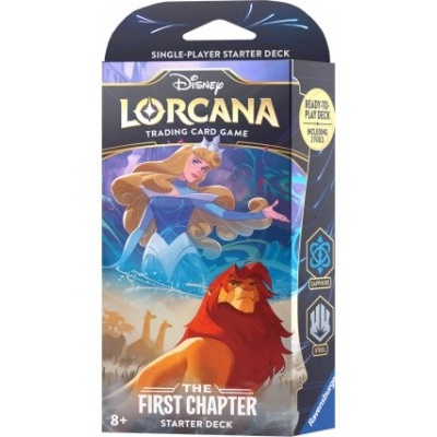Embalagem do jogo de cartas Disney Lorcana, deck inicial The First Chapter com Aurora e Simba