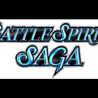 Logotipo do jogo BATTLE SPIRITS SAGA em letras azuis brilhantes