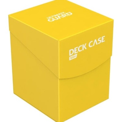 Caixa amarela para baralho com texto Ultimate Guard e Deck Case 100+