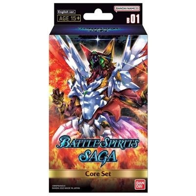 Caixa de BATTLE SPIRITS SAGA Core Set com personagem robótico e fundo de chamas