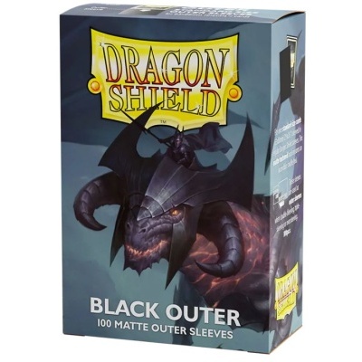 Caixa de sleeves Dragon Shield com dragão negro e texto Black Outer.