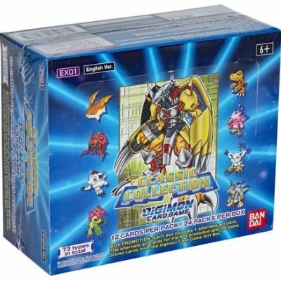 Caixa azul de cartas Digimon Classic Collection com personagens e texto em inglês