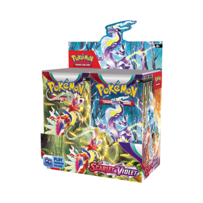 Caixa de cartas Pokémon Scarlet & Violet com figuras de Pokémon em cores vivas