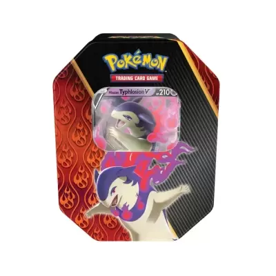 Embalagem metálica do jogo de cartas Pokémon com imagem do Typhlosion V