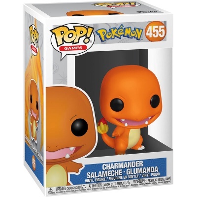 Figura Funko Pop! Charmander Pokémon na embalagem com fundo branco e detalhes em azul e laranja.