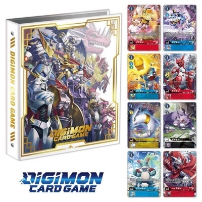 Caixa do Digimon Card Game com capa colorida mostrando Digimons e oito cartas individuais coloridas