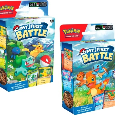 Duas caixas do jogo Pokémon My First Battle com imagens de Pokémon e texto em inglês.