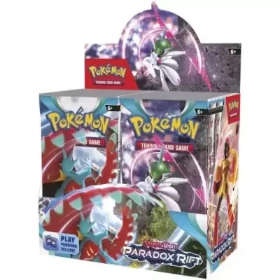 Expositor aberto do jogo Pokémon Trading Card Game, set Scarlet & Violet Paradox Rift.