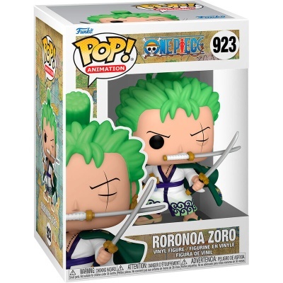 Boneco Funko Pop! Roronoa Zoro vestindo roupa branca e azul com cabelos verdes e duas espadas, na caixa transparente número 923