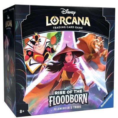 Embalagem do jogo de cartas Disney Lorcana Rise of the Floodborn com personagens e selo Ravensburger