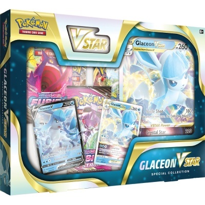 Caixa do conjunto Pokémon VSTAR Glaceon com cartas Pokémon visíveis