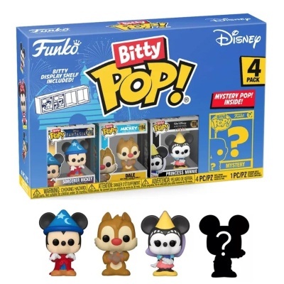 Caixa azul de Funko Bitty Pop! Disney com quatro figuras pequenas alinhadas