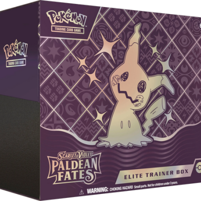 Caixa Pokémon Scarlet & Violet Paldean Fates Elite Trainer Box com personagem Mimikyu