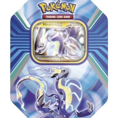 Embalagem metálica Pokémon com carta Miraidon EX e ilustração do Pokémon