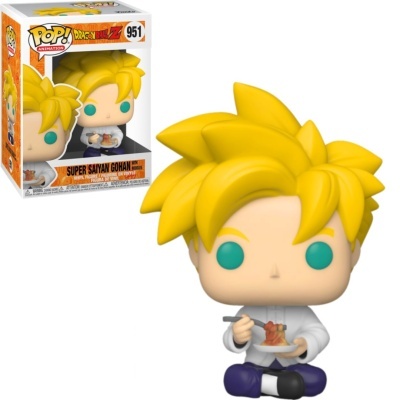 Funko Pop! Super Saiyan Gohan sentado segurando comida com embalagem ao fundo