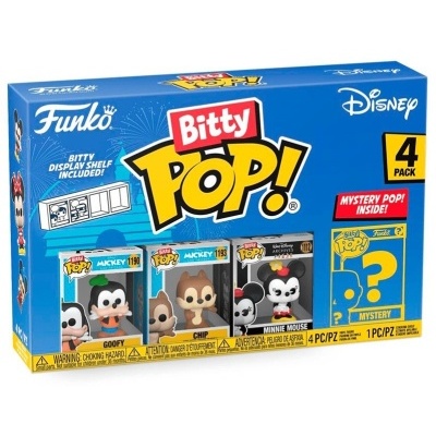 Caixa azul Funko Bitty Pop! Disney com 4 figuras, incluindo Mickey, Goofy, Chip, Minnie Mouse e figura misteriosa