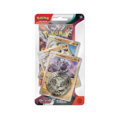 Pacote Pokémon Obsidian Flames com cartas e moeda colecionável