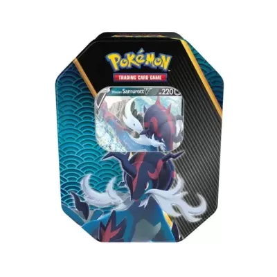 Lata metálica do jogo Pokémon Trading Card Game com arte do Pokémon Hisuian Samurott