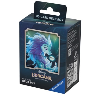 Caixa para 80 cartas do jogo Disney Lorcana com imagem de criatura fantástica azul e roxa
