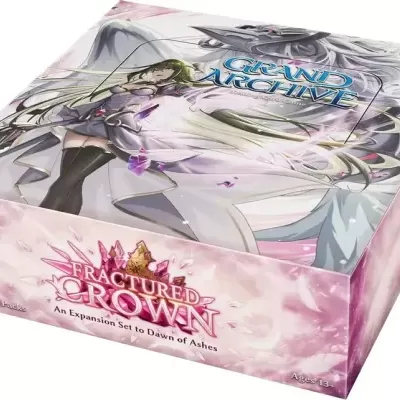 Caixa de jogo de cartas com ilustração de personagem feminina e texto Grand Archive e Fractured Crown