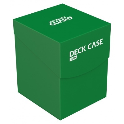 Caixa verde para baralho com texto 'ULTIMATE GUARD' e 'DECK CASE 100+'