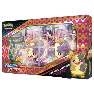 Caixa de coleção Pokémon Crown Zenith Morpeko V-Union com cartas coloridas