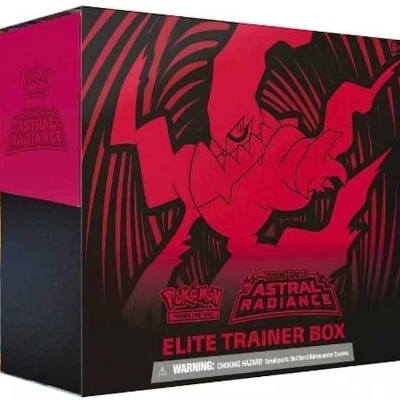 Embalagem preta e vermelha Pokémon Astral Radiance Elite Trainer Box com criatura vermelha estilizada
