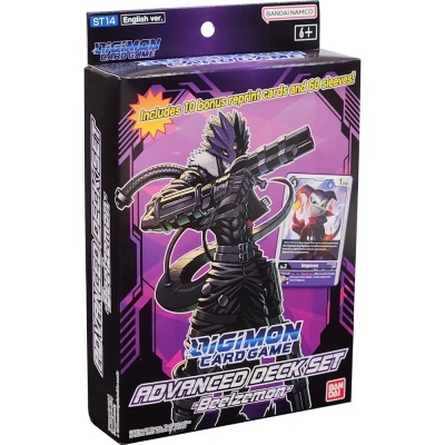 Caixa do Digimon Card Game Advanced Deck Set Beelzemon com imagem do personagem e texto promocional