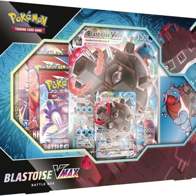 Caixa Pokémon Blastoise VMAX Battle Box com cartas visíveis