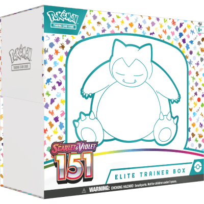 Caixa Pokémon Elite Trainer Box com Snorlax, padrão colorido e texto Scarlet & Violet 151