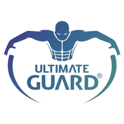 Logótipo Ultimate Guard com figura musculada e texto em azul