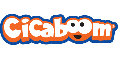 Logótipo colorido com o texto Cicaboom em laranja, branco e azul com olhos e sorriso