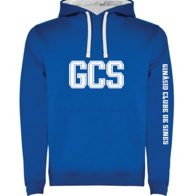 Sweatshirt azul com capuz cinzento claro e texto GCS no peito