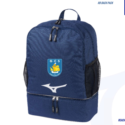 Mochila azul escura com logótipos Mizuno e G.C.S, bolsos laterais e capacidade 30 litros