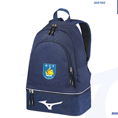 Mochila azul escura da marca Mizuno com vários compartimentos e logotipos